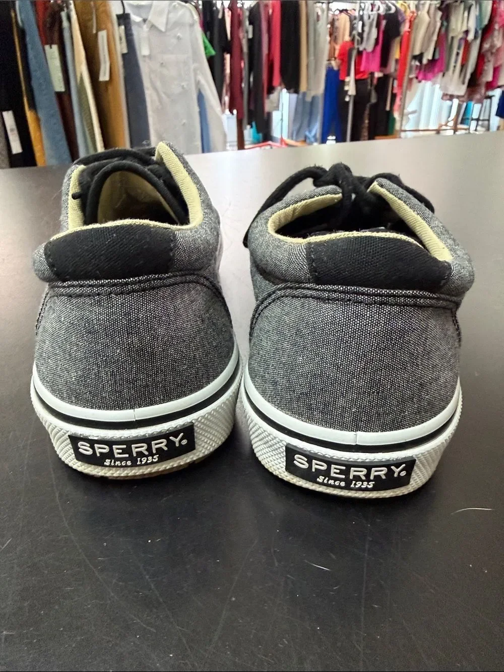 Sperry Gray Canvas Boat Shoes with Black Laces